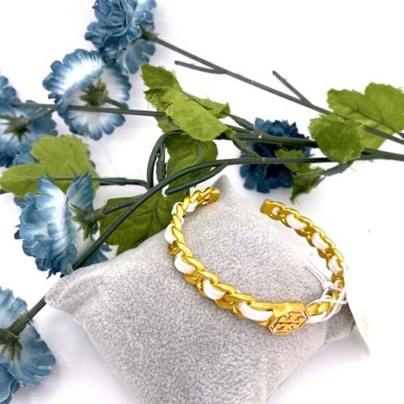 New Tory Burch Gemini White Leather Cuff Bracelet - Picture 6 of 10